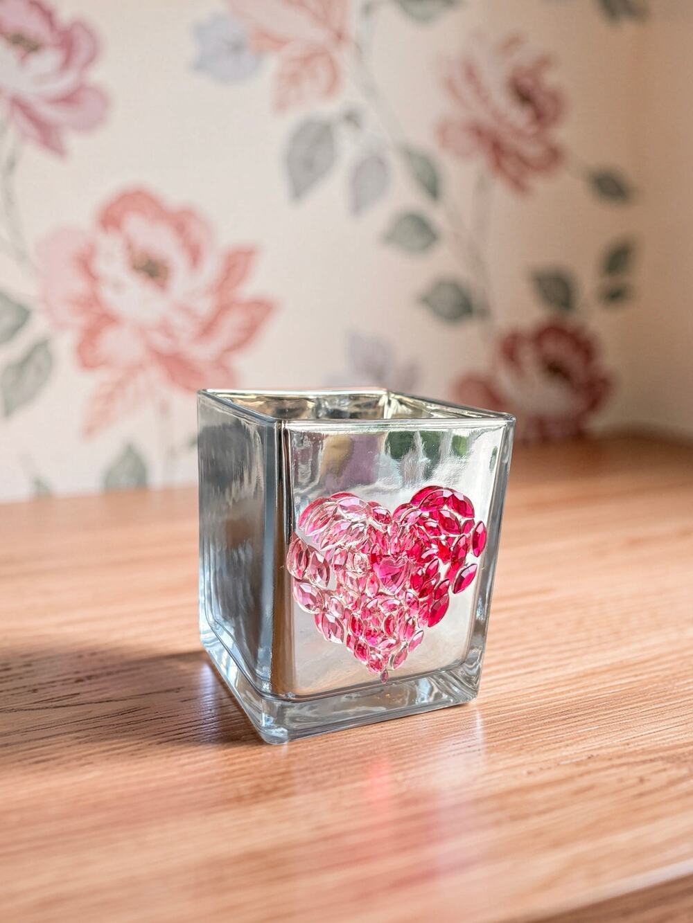 Pink Jeweled Heart Glass Candle Holder Vase Rhinestone Valentine Decor 5"